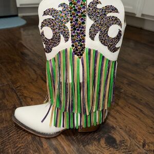 White Cowboy Boots with Colorful Fringe